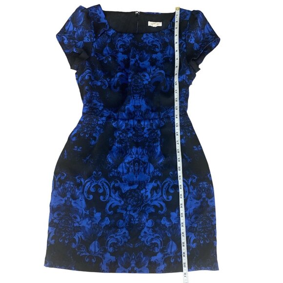 Silence + Noise Blue & Black Damask Pattern Cap Sleeve Dress Side Zipper Size 2 - Picture 7 of 11
